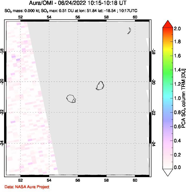 A sulfur dioxide image over Reunion Island, Indian Ocean on Jun 24, 2022.