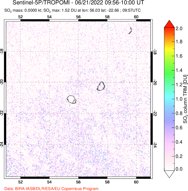 A sulfur dioxide image over Reunion Island, Indian Ocean on Jun 21, 2022.