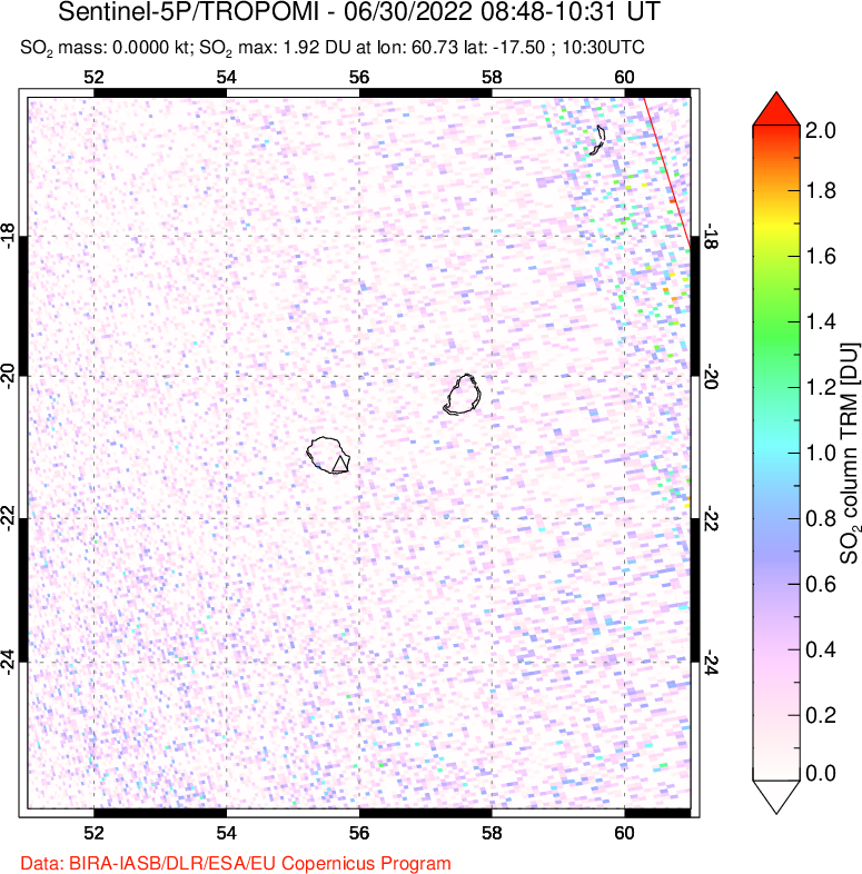 A sulfur dioxide image over Reunion Island, Indian Ocean on Jun 30, 2022.