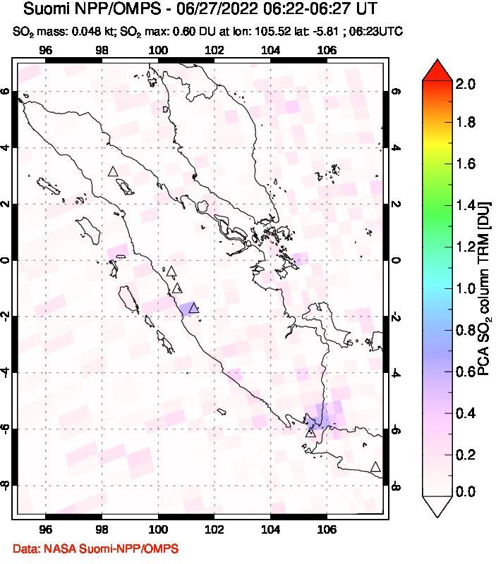 A sulfur dioxide image over Sumatra, Indonesia on Jun 27, 2022.