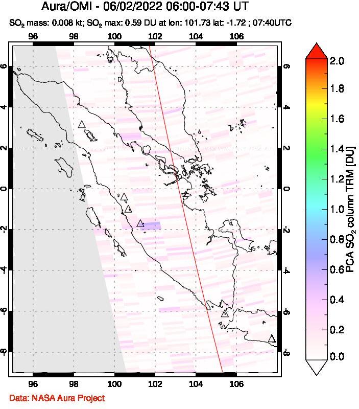A sulfur dioxide image over Sumatra, Indonesia on Jun 02, 2022.