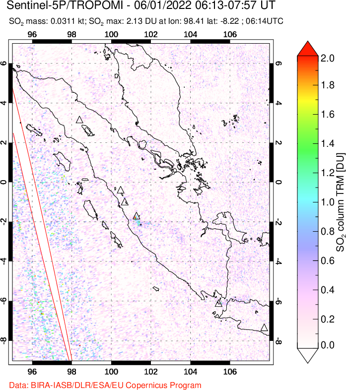 A sulfur dioxide image over Sumatra, Indonesia on Jun 01, 2022.