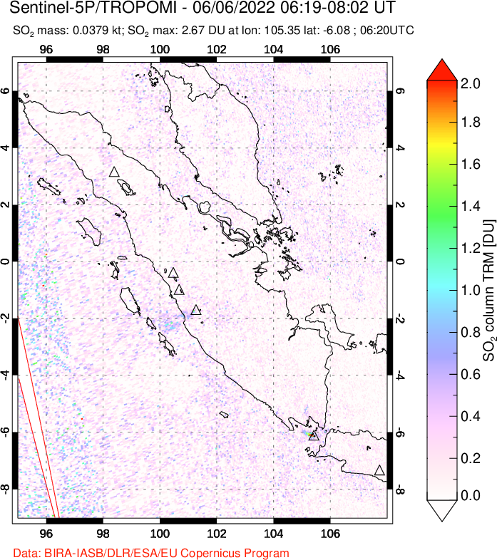 A sulfur dioxide image over Sumatra, Indonesia on Jun 06, 2022.
