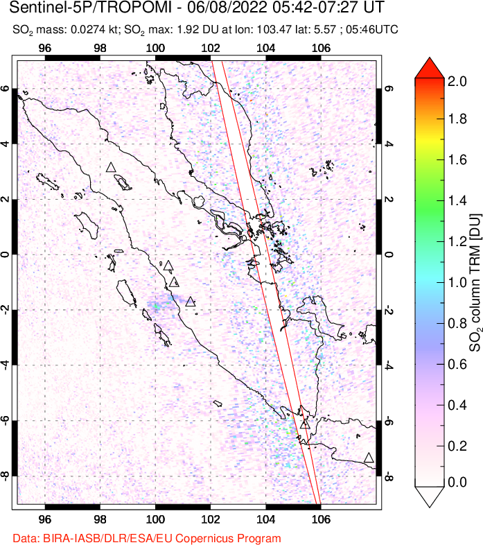 A sulfur dioxide image over Sumatra, Indonesia on Jun 08, 2022.