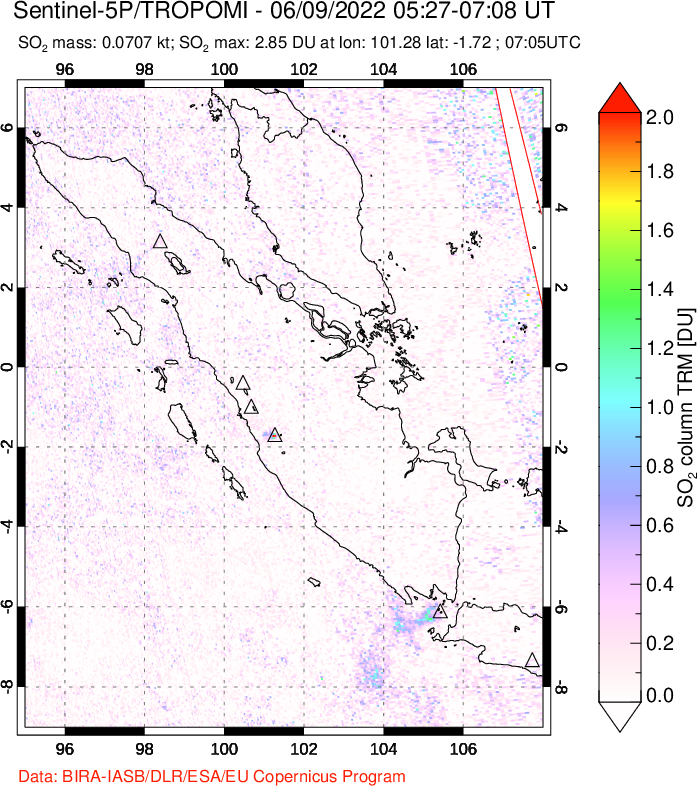 A sulfur dioxide image over Sumatra, Indonesia on Jun 09, 2022.