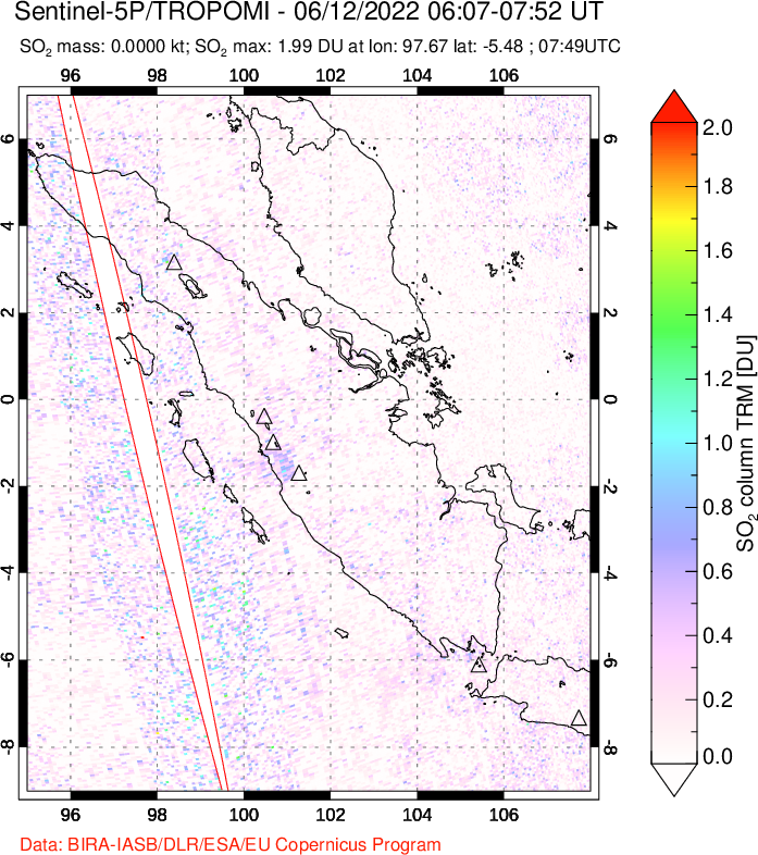 A sulfur dioxide image over Sumatra, Indonesia on Jun 12, 2022.