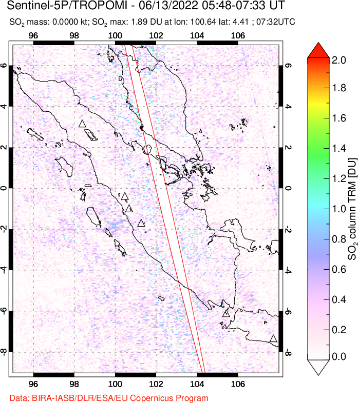 A sulfur dioxide image over Sumatra, Indonesia on Jun 13, 2022.