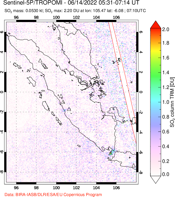 A sulfur dioxide image over Sumatra, Indonesia on Jun 14, 2022.