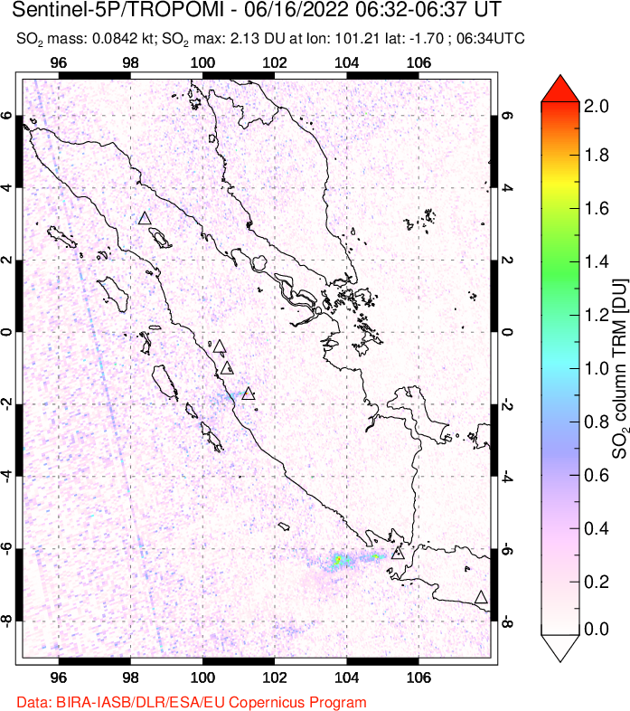 A sulfur dioxide image over Sumatra, Indonesia on Jun 16, 2022.