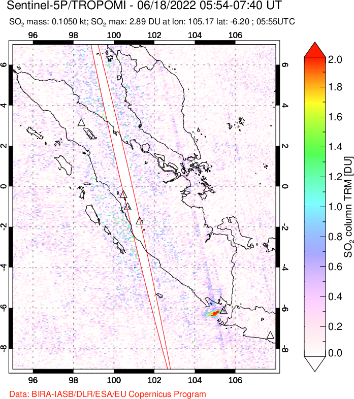 A sulfur dioxide image over Sumatra, Indonesia on Jun 18, 2022.