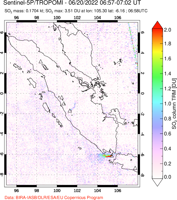 A sulfur dioxide image over Sumatra, Indonesia on Jun 20, 2022.