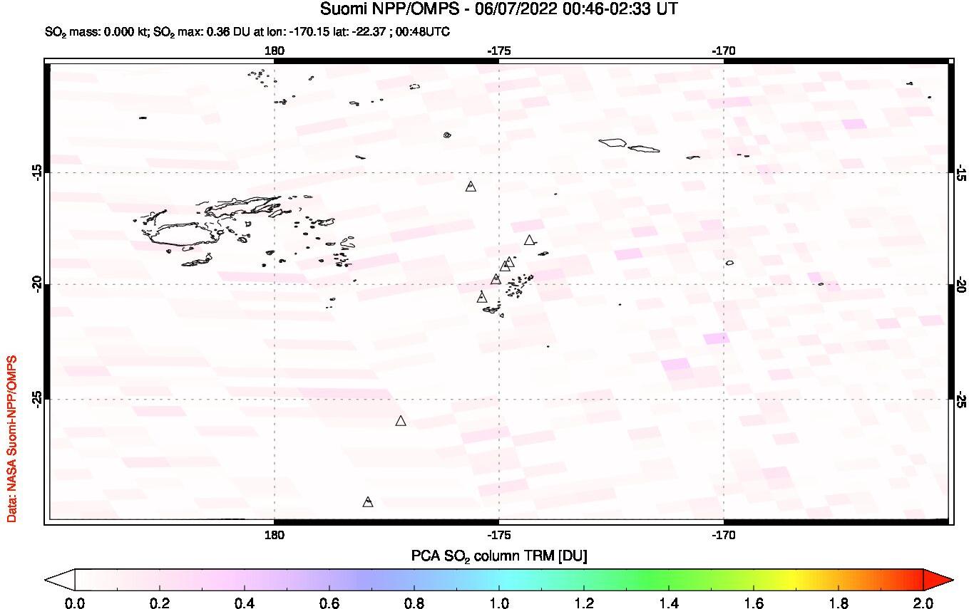 A sulfur dioxide image over Tonga, South Pacific on Jun 07, 2022.