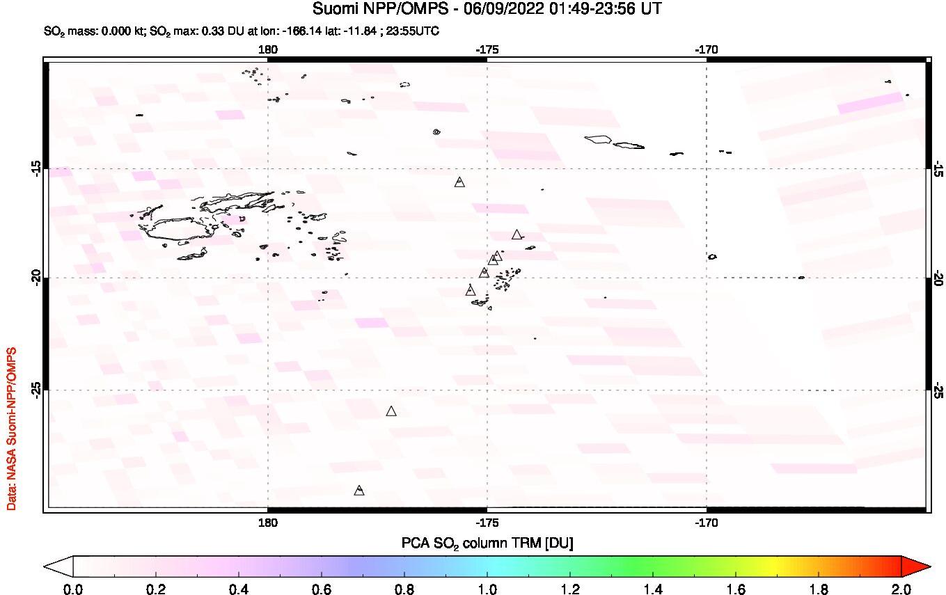 A sulfur dioxide image over Tonga, South Pacific on Jun 09, 2022.