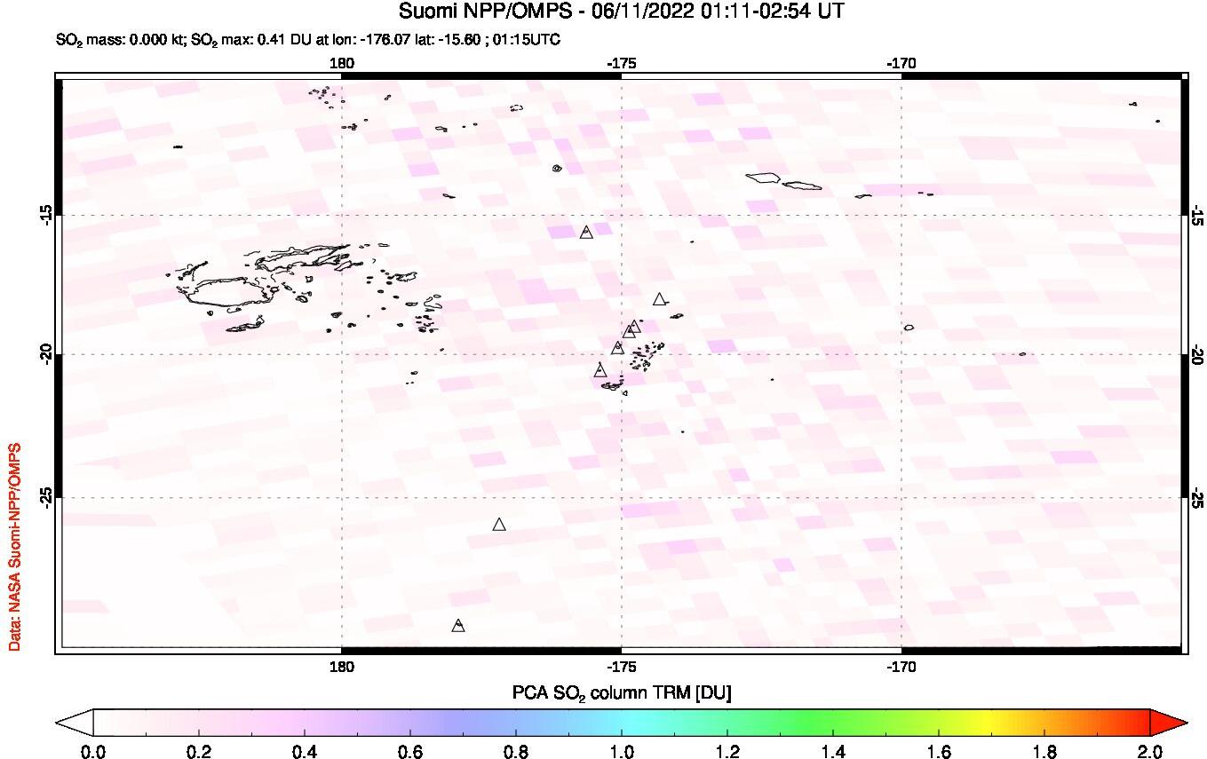 A sulfur dioxide image over Tonga, South Pacific on Jun 11, 2022.