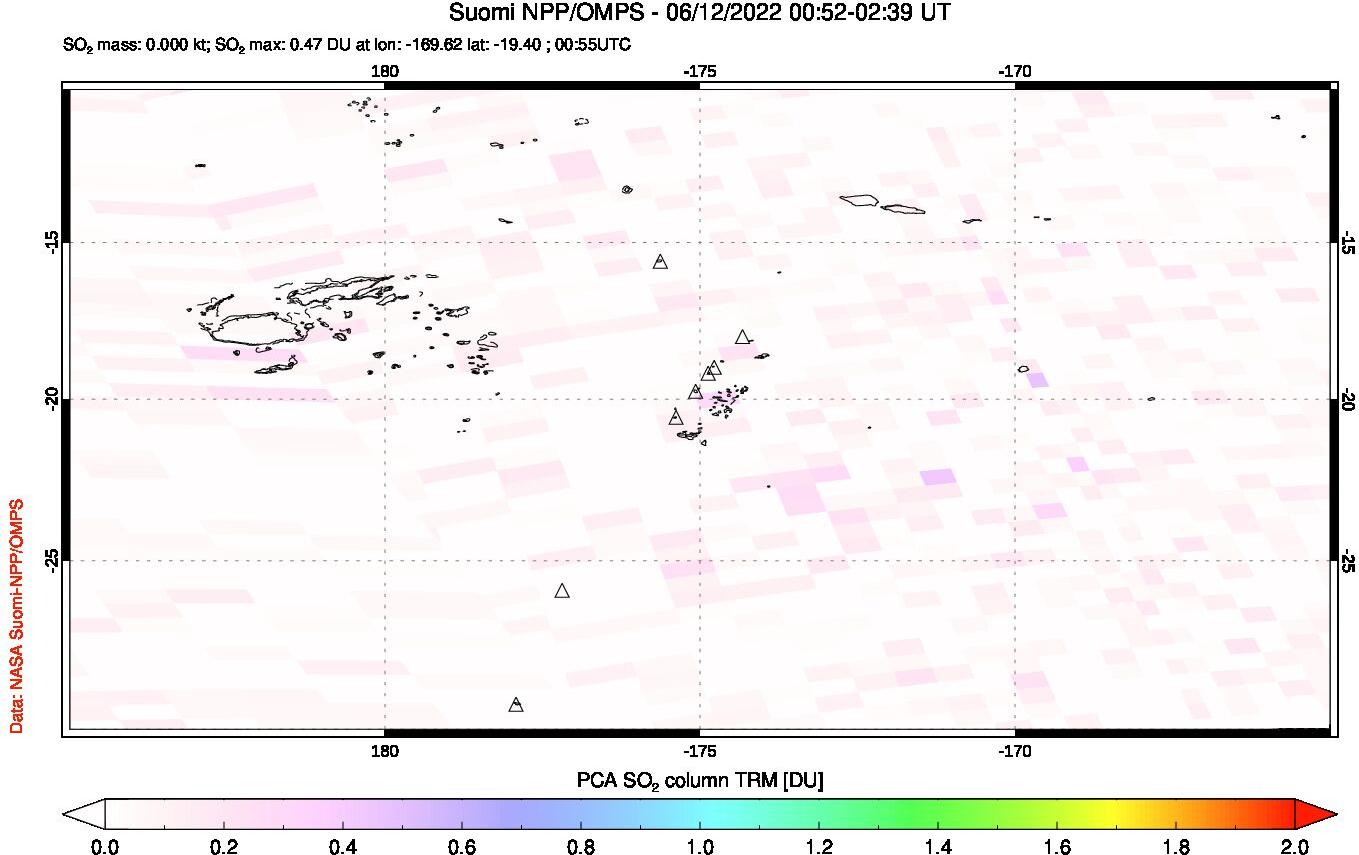 A sulfur dioxide image over Tonga, South Pacific on Jun 12, 2022.