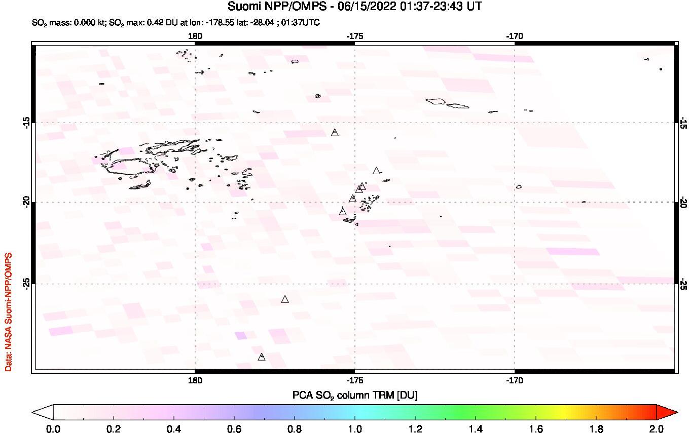 A sulfur dioxide image over Tonga, South Pacific on Jun 15, 2022.