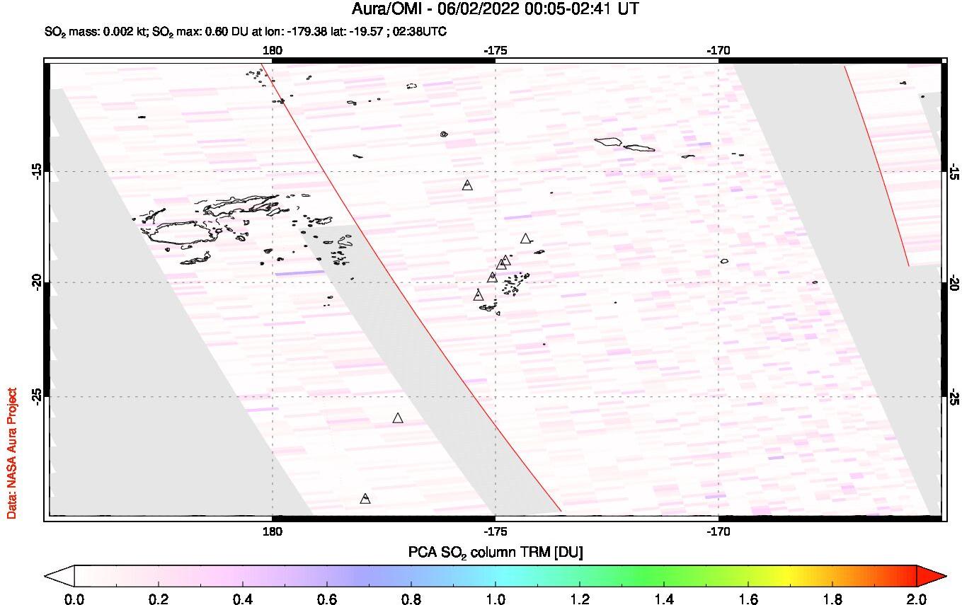 A sulfur dioxide image over Tonga, South Pacific on Jun 02, 2022.