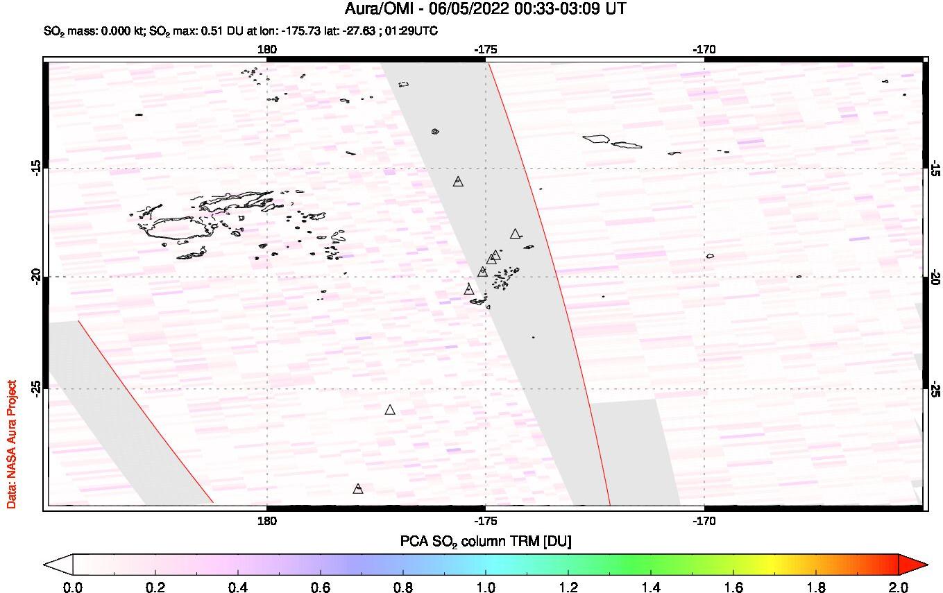 A sulfur dioxide image over Tonga, South Pacific on Jun 05, 2022.