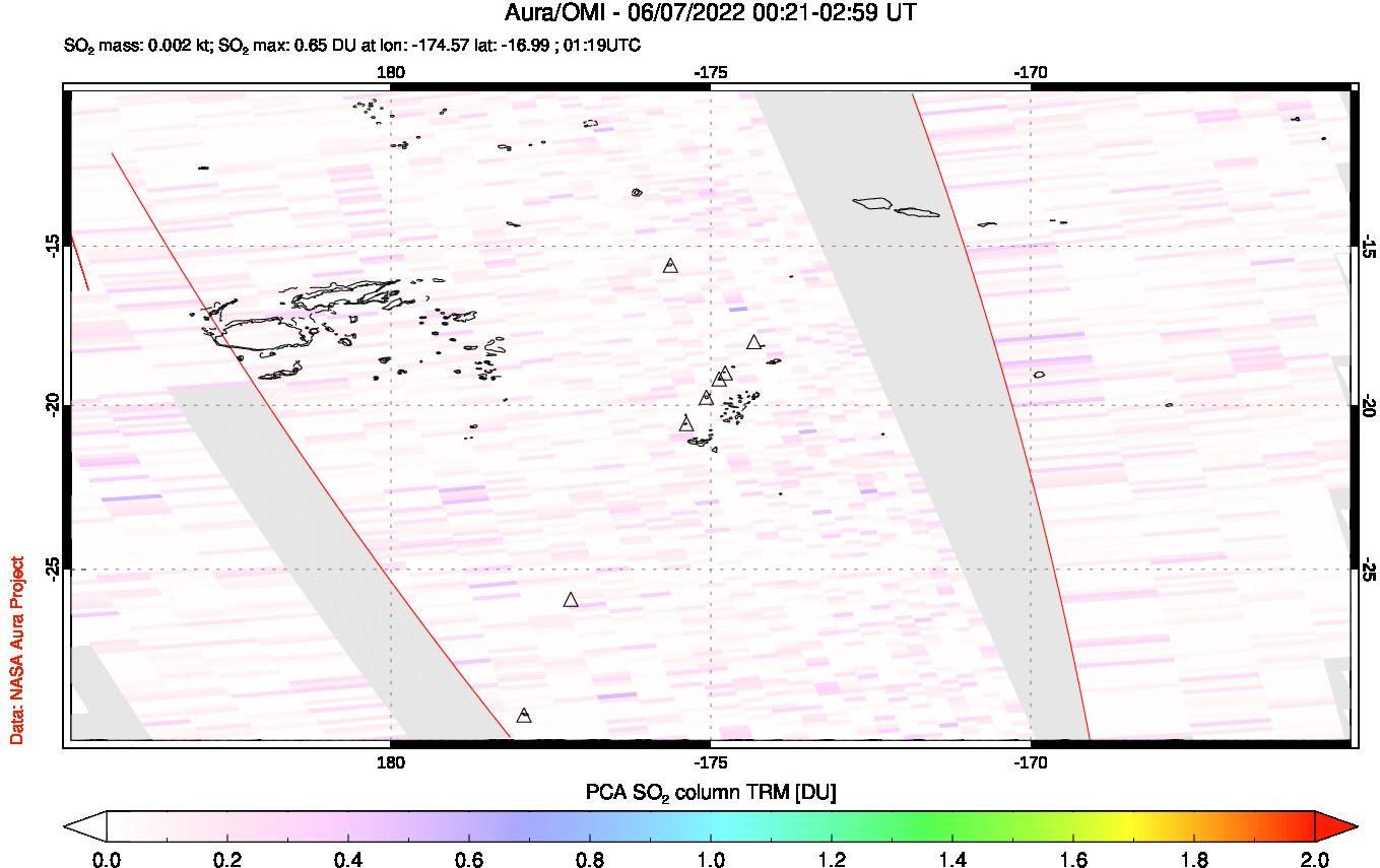 A sulfur dioxide image over Tonga, South Pacific on Jun 07, 2022.