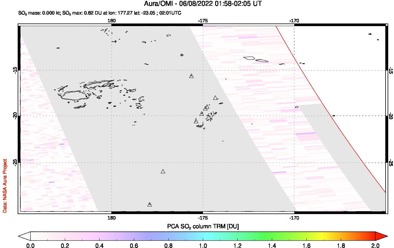 A sulfur dioxide image over Tonga, South Pacific on Jun 08, 2022.