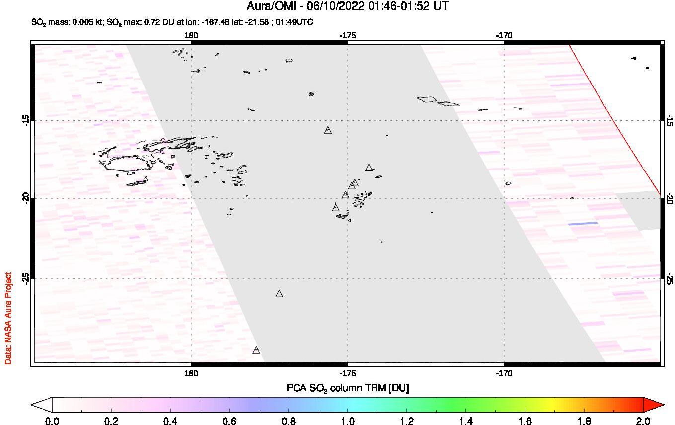 A sulfur dioxide image over Tonga, South Pacific on Jun 10, 2022.