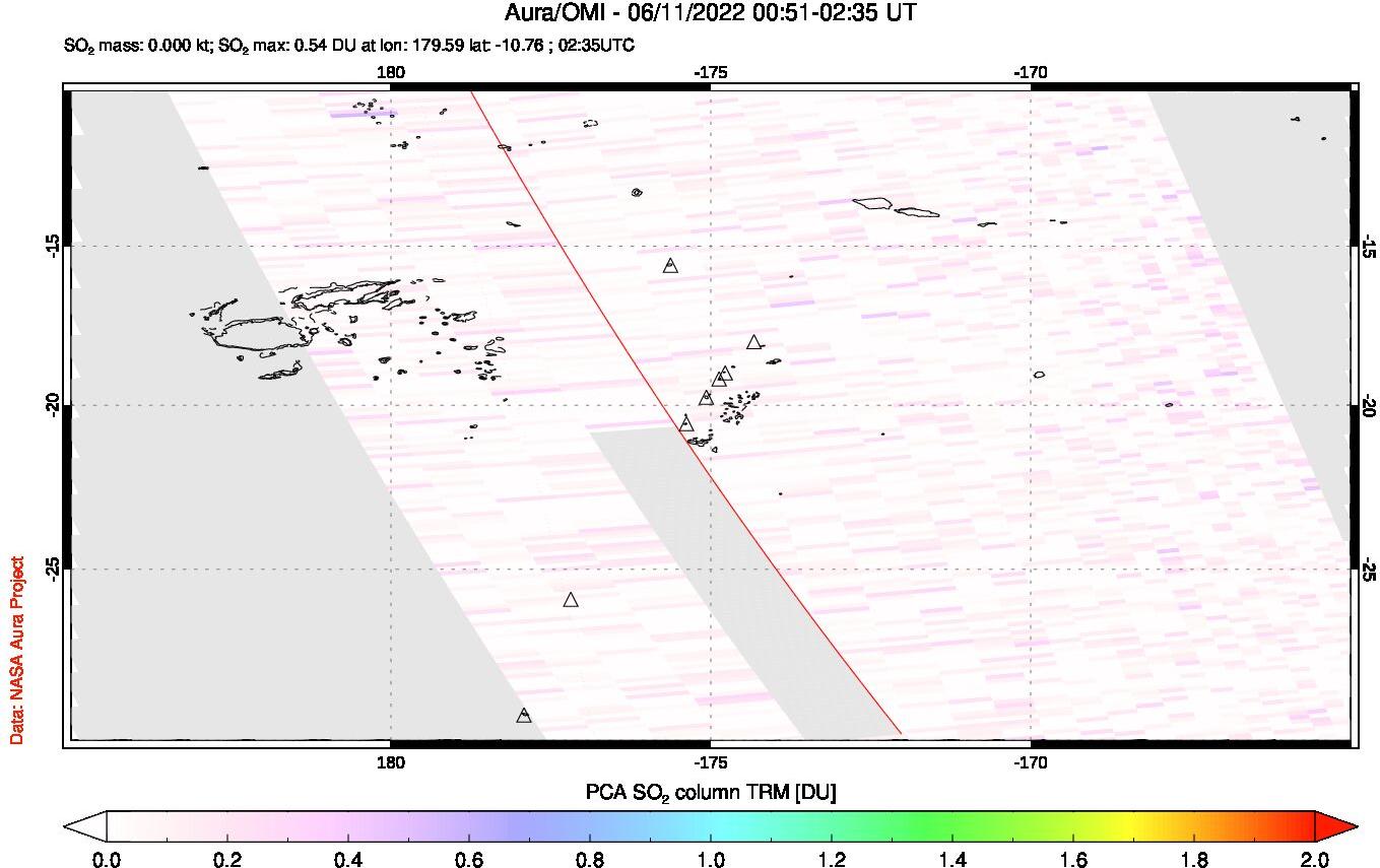 A sulfur dioxide image over Tonga, South Pacific on Jun 11, 2022.