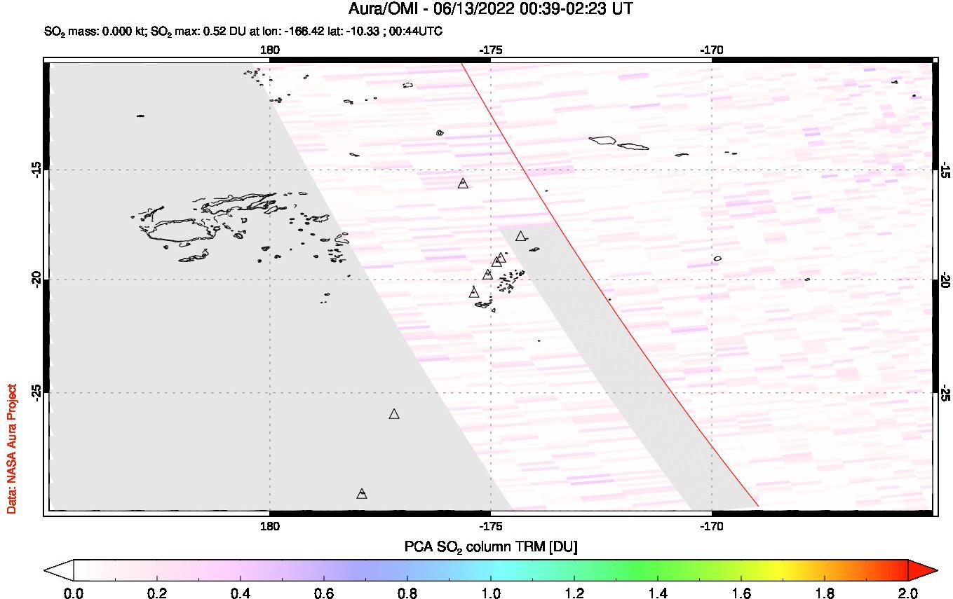 A sulfur dioxide image over Tonga, South Pacific on Jun 13, 2022.