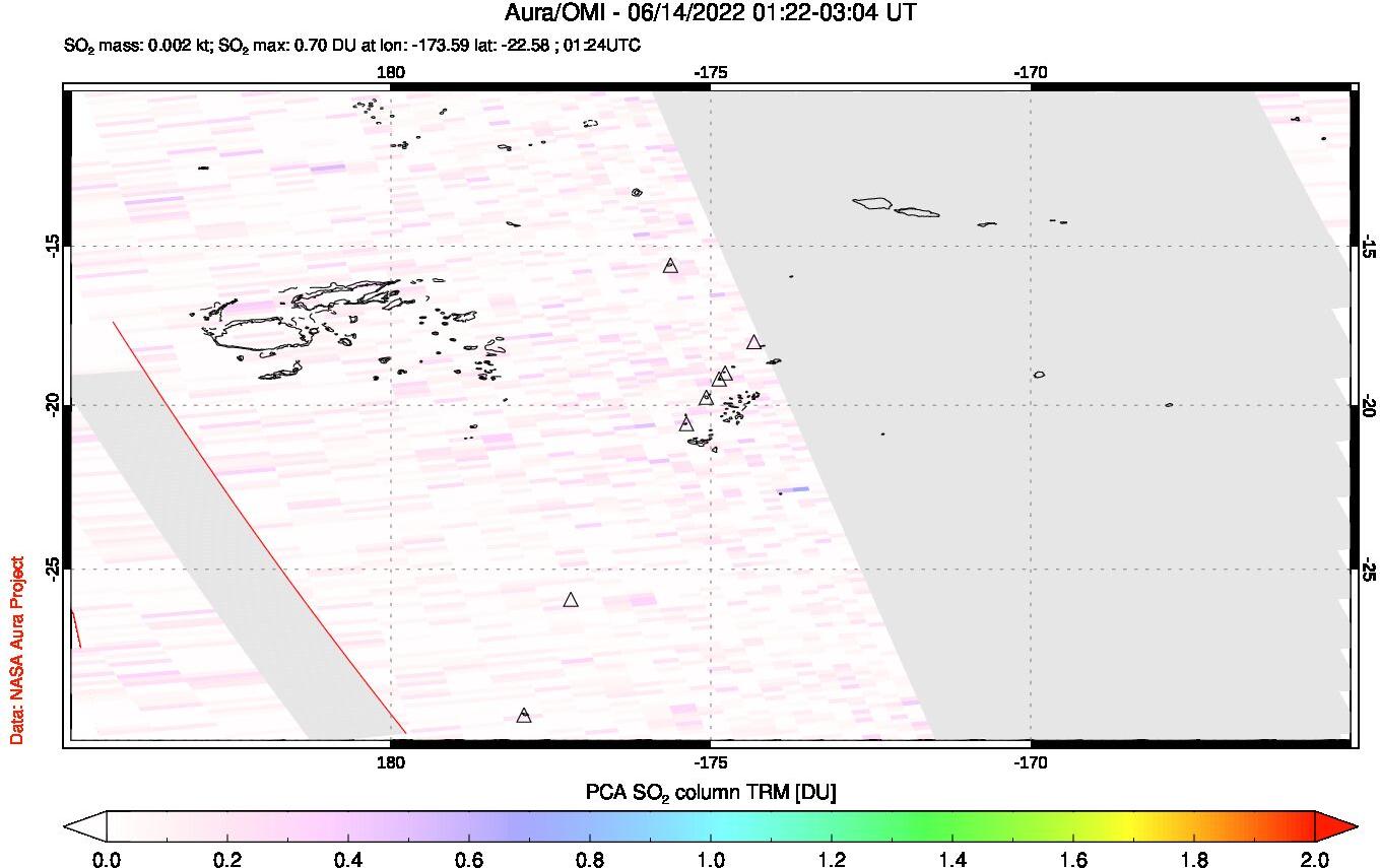 A sulfur dioxide image over Tonga, South Pacific on Jun 14, 2022.