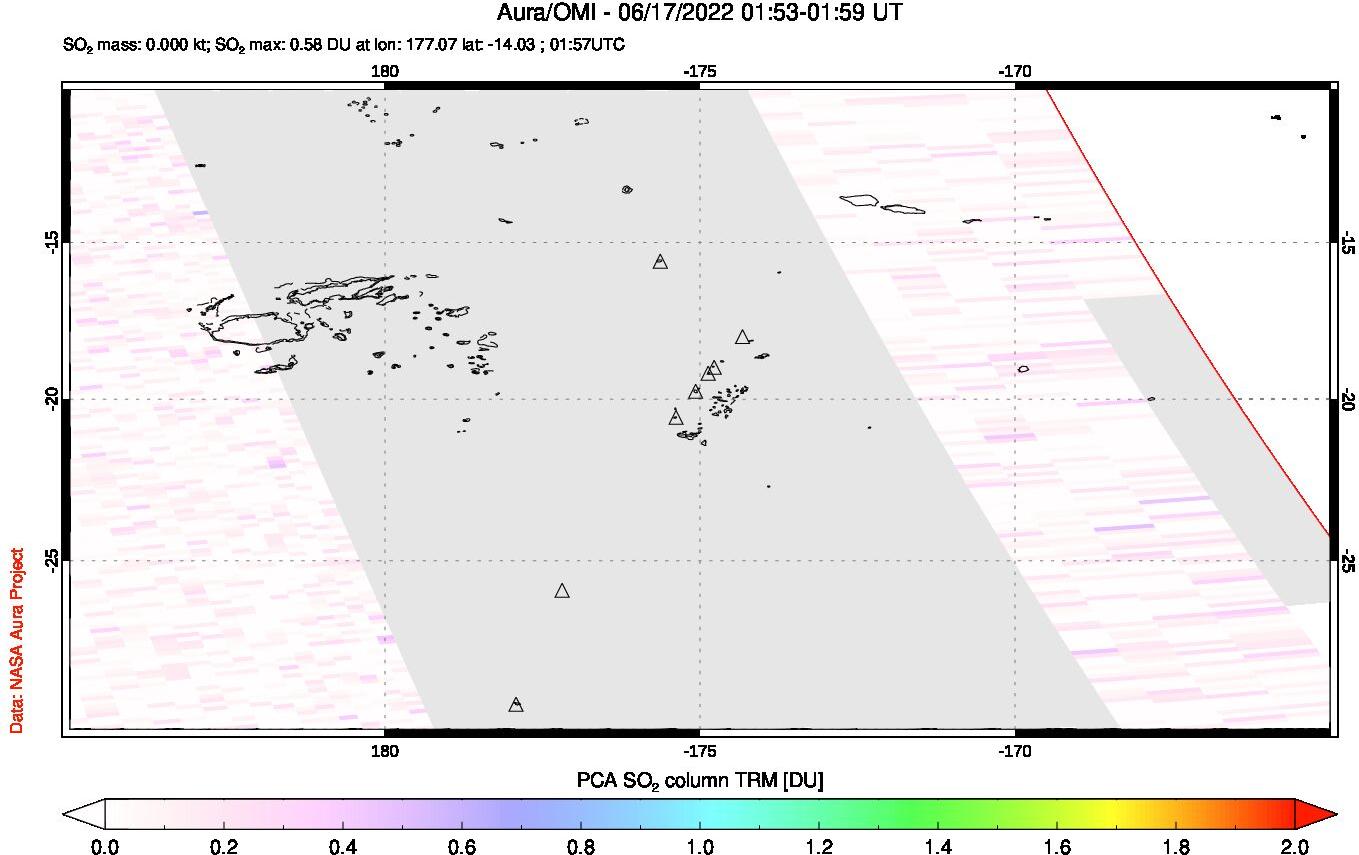 A sulfur dioxide image over Tonga, South Pacific on Jun 17, 2022.