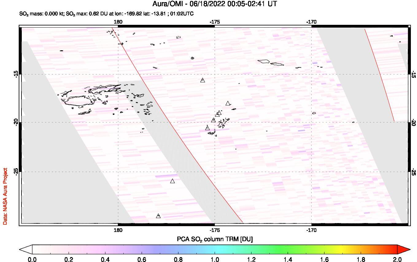 A sulfur dioxide image over Tonga, South Pacific on Jun 18, 2022.