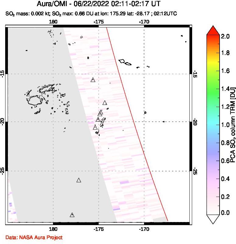 A sulfur dioxide image over Tonga, South Pacific on Jun 22, 2022.