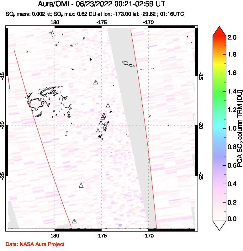 A sulfur dioxide image over Tonga, South Pacific on Jun 23, 2022.