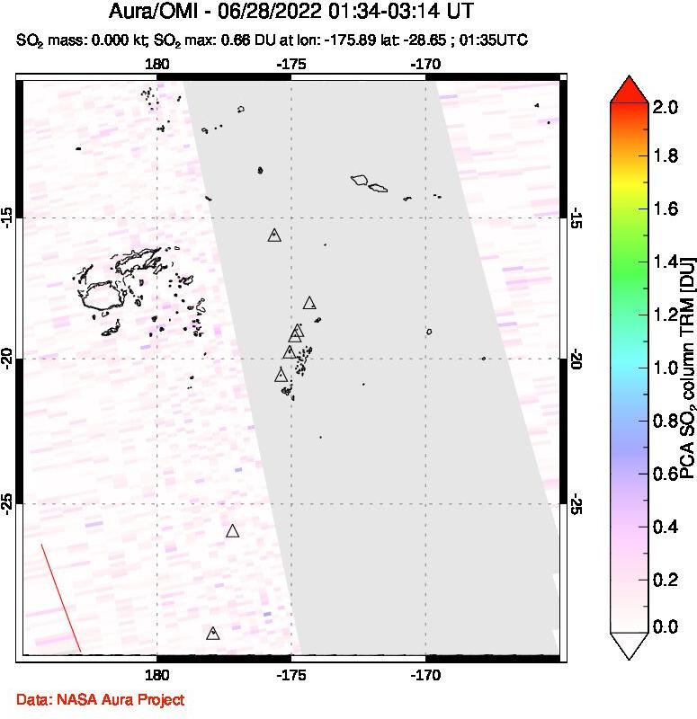 A sulfur dioxide image over Tonga, South Pacific on Jun 28, 2022.