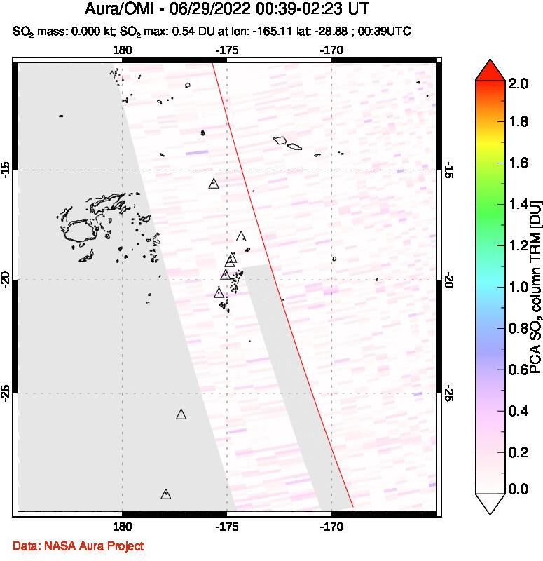 A sulfur dioxide image over Tonga, South Pacific on Jun 29, 2022.