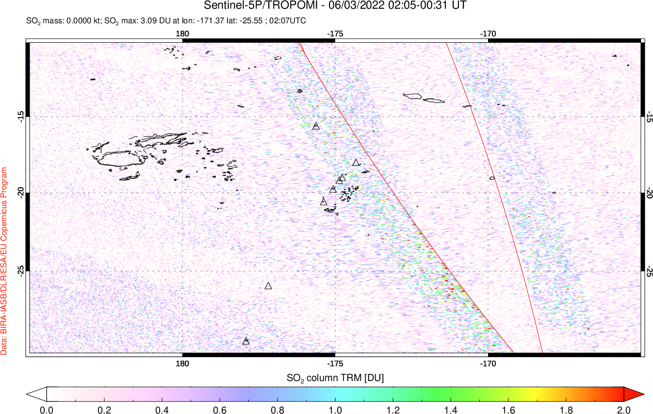 A sulfur dioxide image over Tonga, South Pacific on Jun 03, 2022.