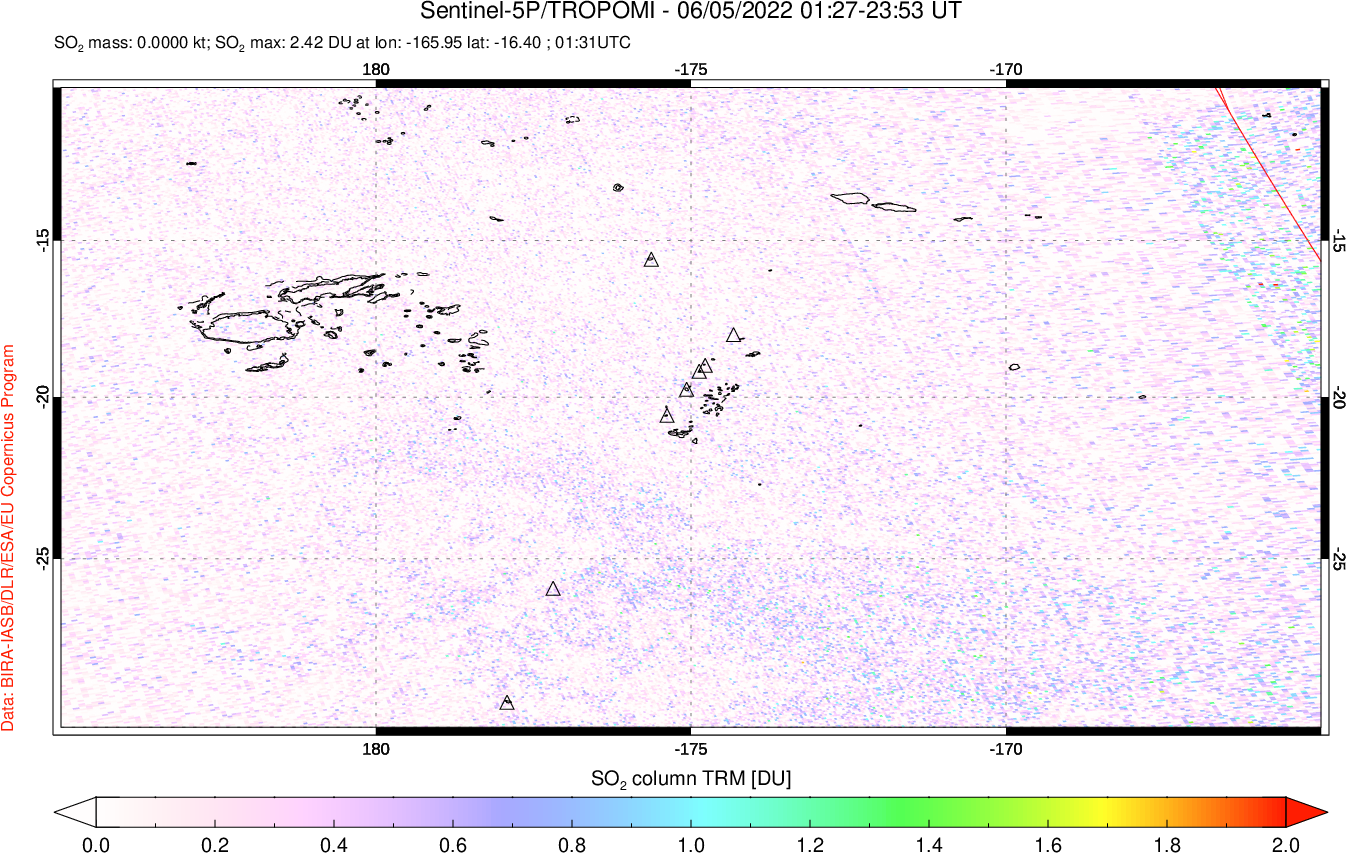 A sulfur dioxide image over Tonga, South Pacific on Jun 05, 2022.