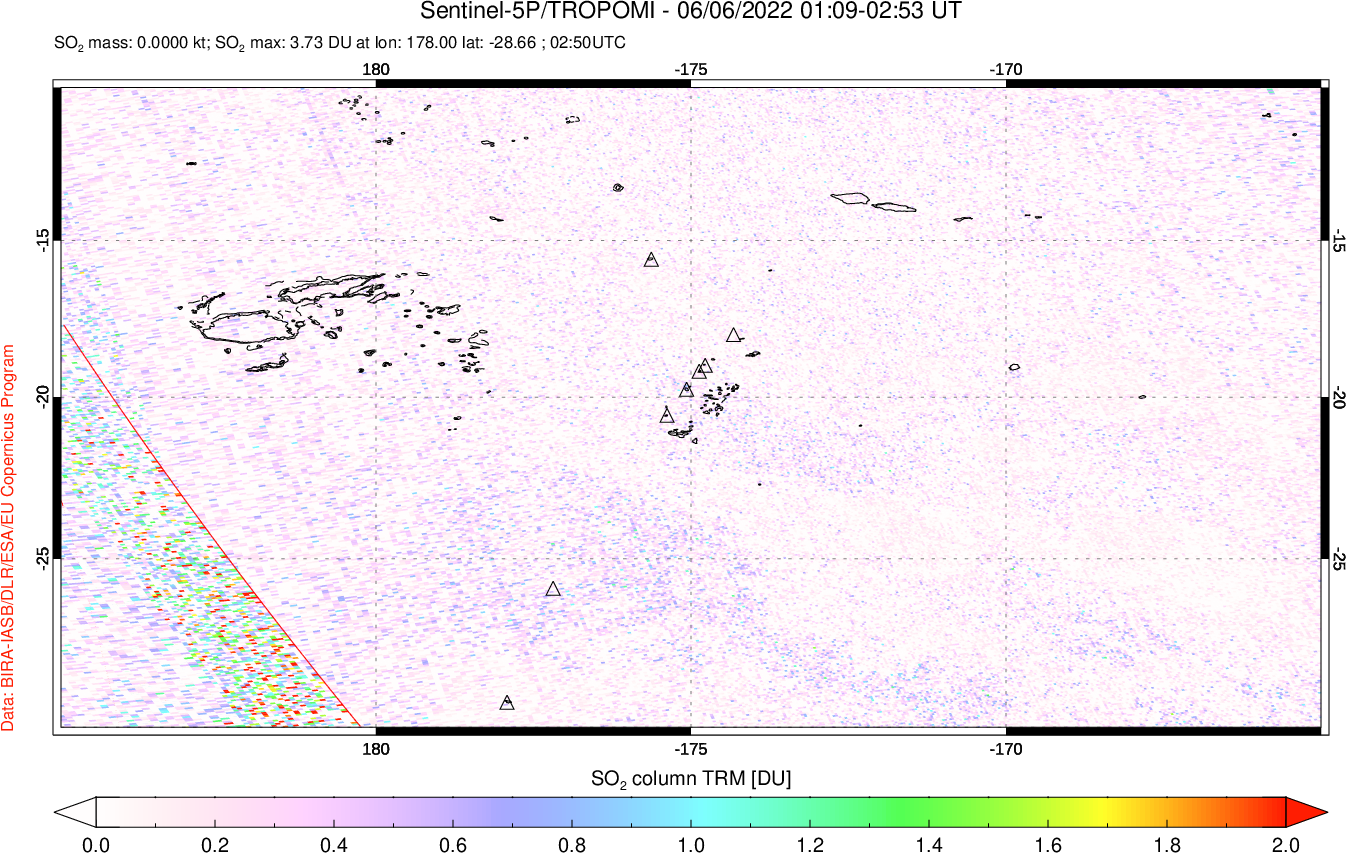A sulfur dioxide image over Tonga, South Pacific on Jun 06, 2022.