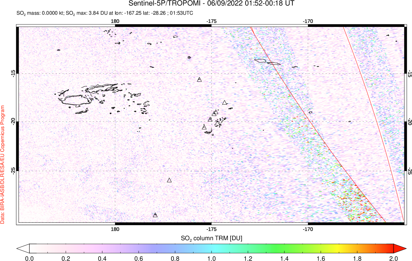 A sulfur dioxide image over Tonga, South Pacific on Jun 09, 2022.
