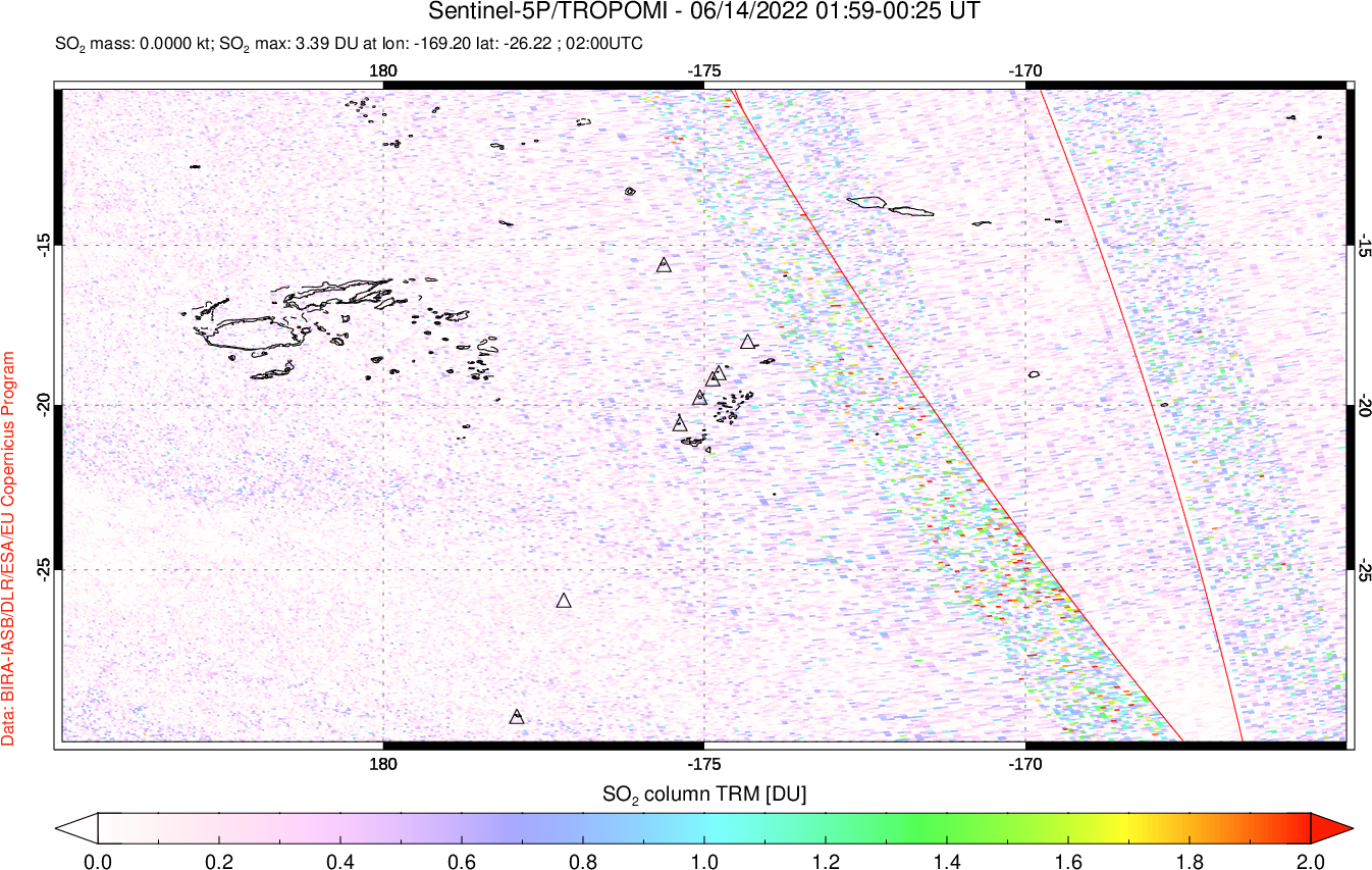 A sulfur dioxide image over Tonga, South Pacific on Jun 14, 2022.