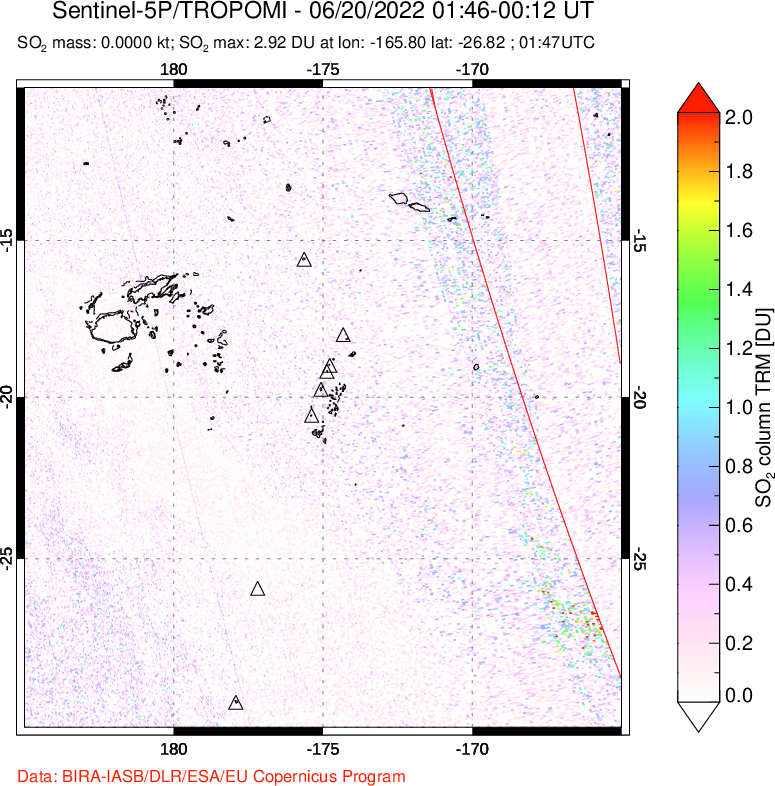 A sulfur dioxide image over Tonga, South Pacific on Jun 20, 2022.