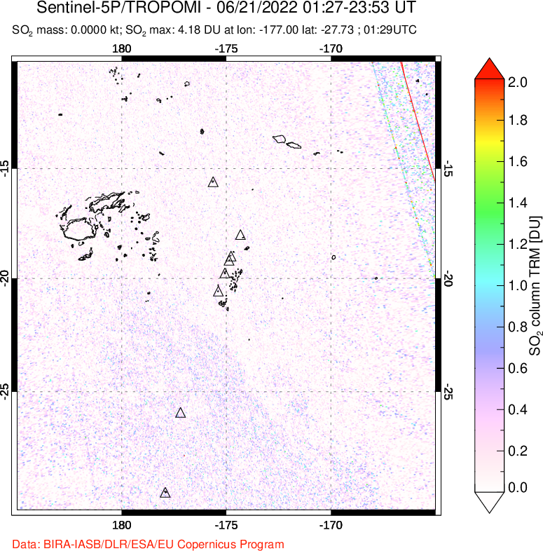 A sulfur dioxide image over Tonga, South Pacific on Jun 21, 2022.