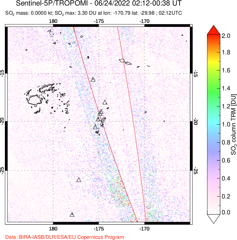 A sulfur dioxide image over Tonga, South Pacific on Jun 24, 2022.