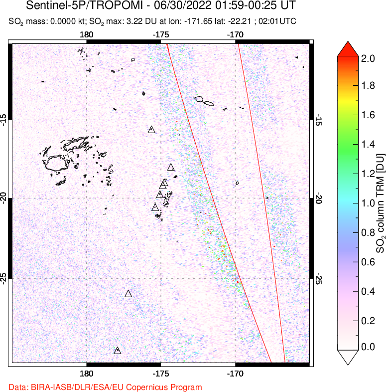 A sulfur dioxide image over Tonga, South Pacific on Jun 30, 2022.
