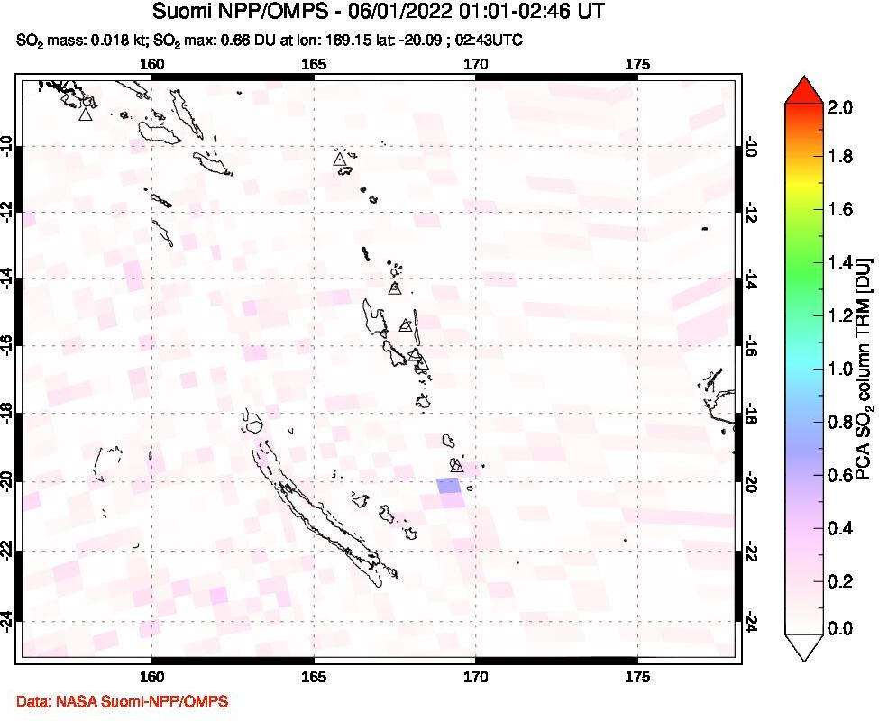 A sulfur dioxide image over Vanuatu, South Pacific on Jun 01, 2022.