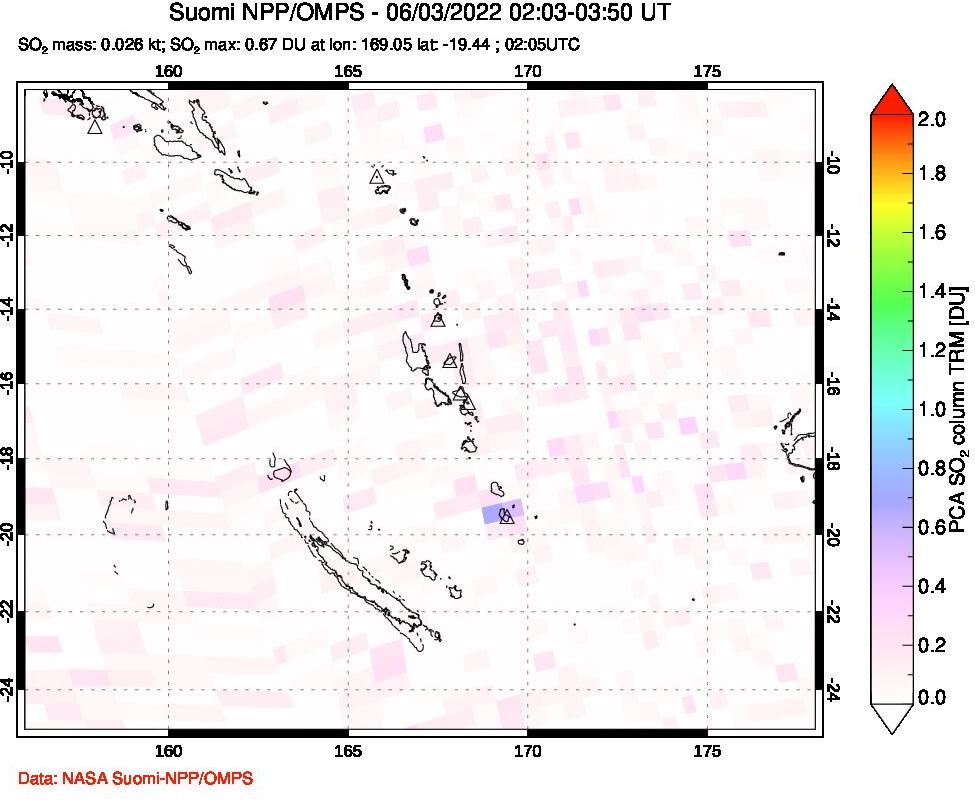 A sulfur dioxide image over Vanuatu, South Pacific on Jun 03, 2022.