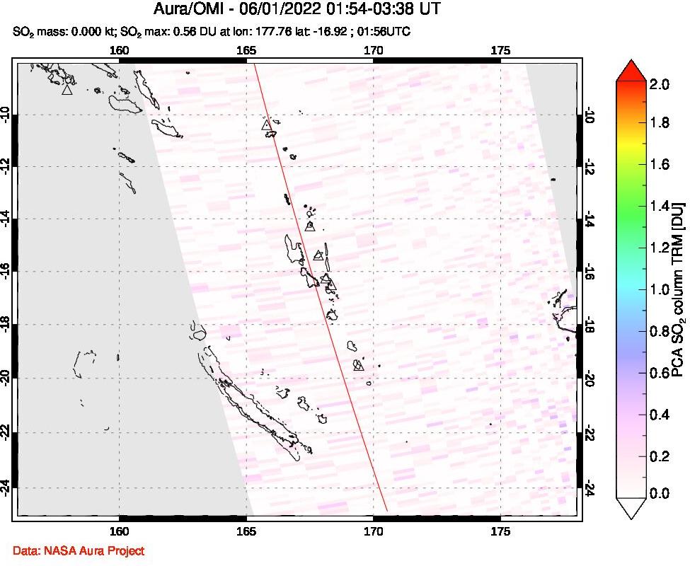 A sulfur dioxide image over Vanuatu, South Pacific on Jun 01, 2022.
