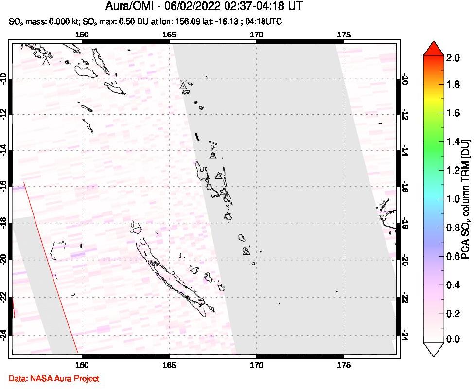 A sulfur dioxide image over Vanuatu, South Pacific on Jun 02, 2022.