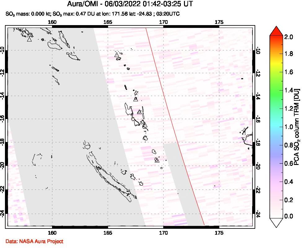 A sulfur dioxide image over Vanuatu, South Pacific on Jun 03, 2022.