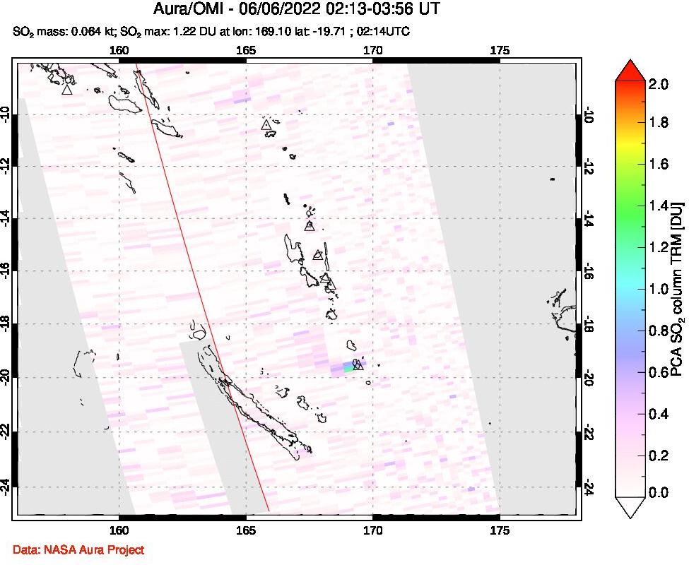 A sulfur dioxide image over Vanuatu, South Pacific on Jun 06, 2022.