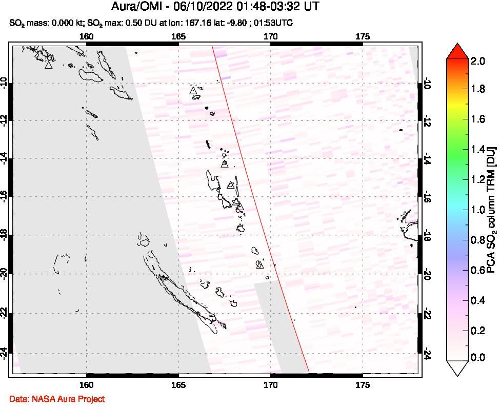 A sulfur dioxide image over Vanuatu, South Pacific on Jun 10, 2022.